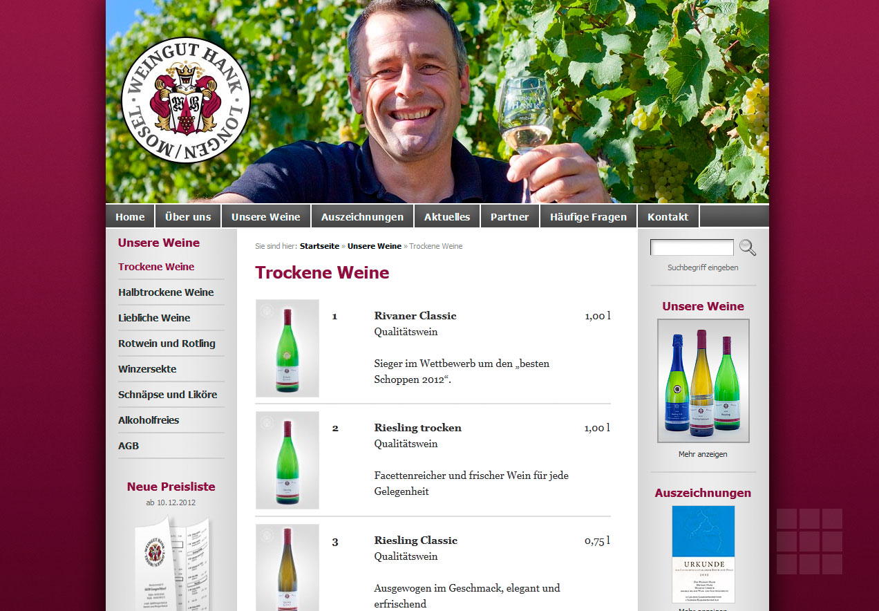 Internetseite erstellen für das Weingut Hank - Produktseite Trockene Weine